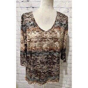 Coldwater Creek Brown Print V Neck Lined Cotton Blend Blouse Size 1X